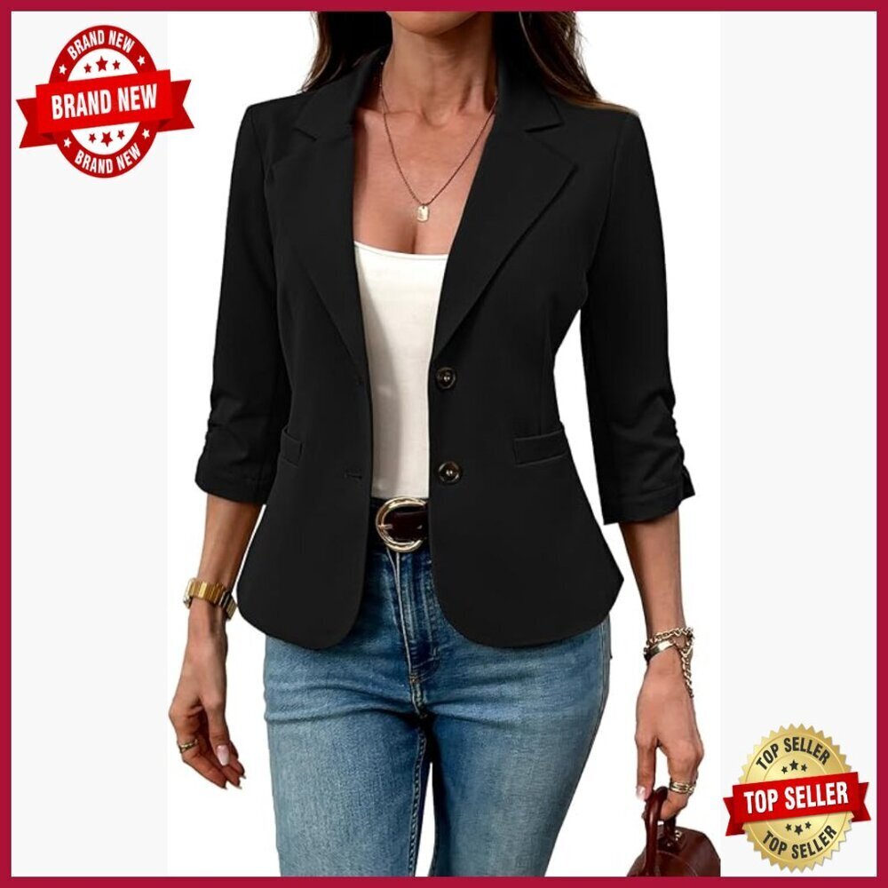Stretch Knit Blazer 3/4 Sleeve Notch Lapel Pockets Business Casual